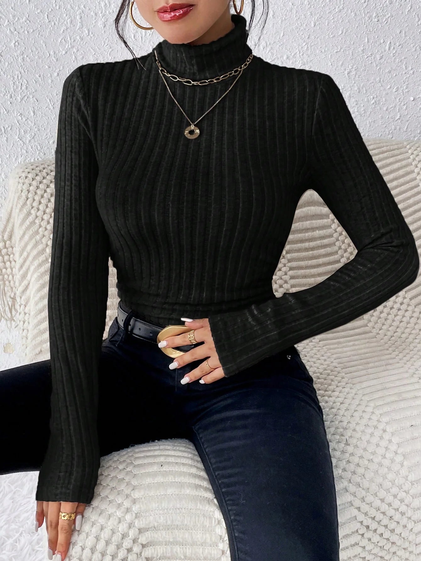 Autumn And Winter High Neck Solid Color Casual And Elegant Long Sleeved Brushed Pit Knitted T Shirt Top 1 - 69546black XS