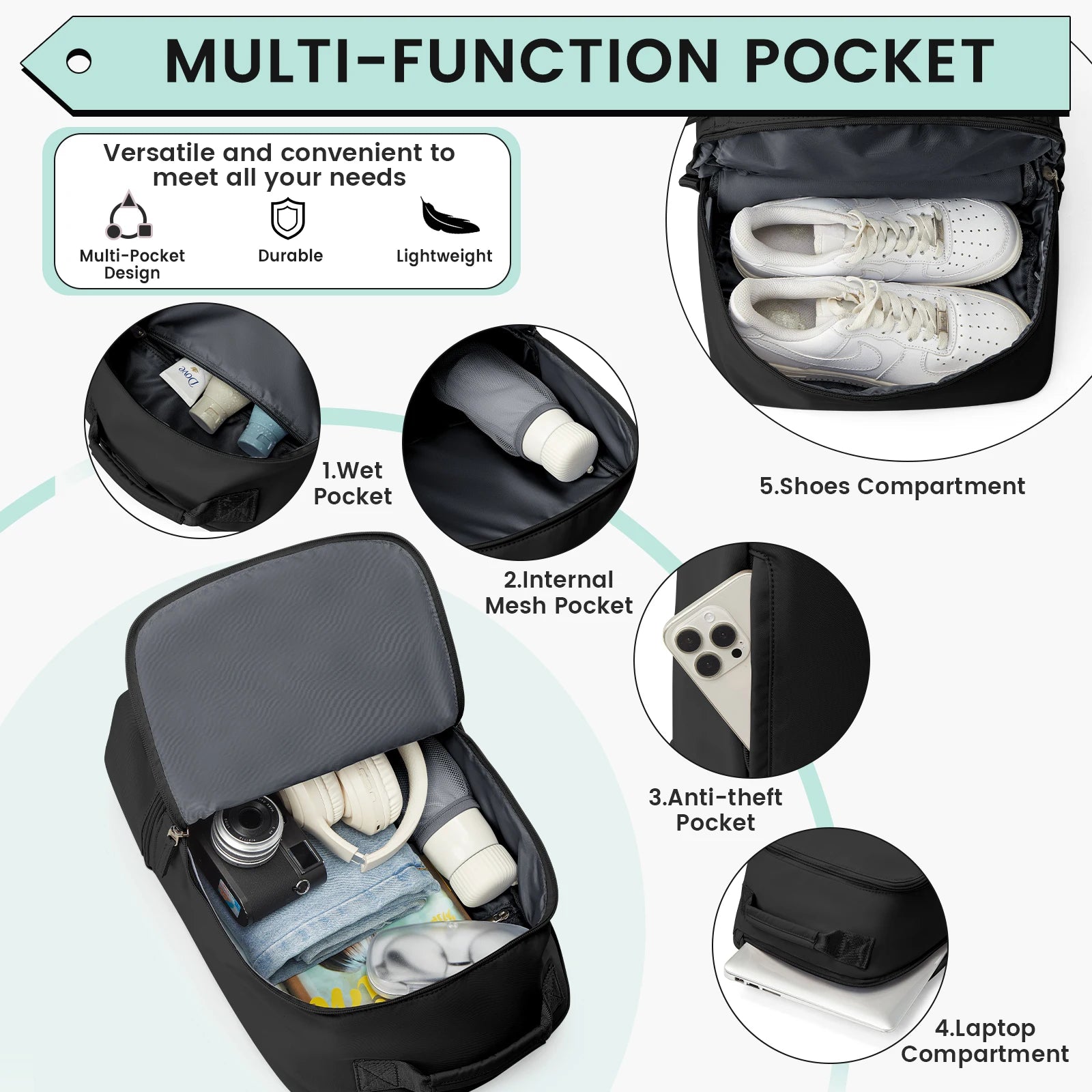 Bolsa de Academia Feminina, Mala de Viagem Pessoal com Compartimento para Sapatos, Mochila de Viagem Feminina, Mochila Esportiva Ideal para Tênis, Natação