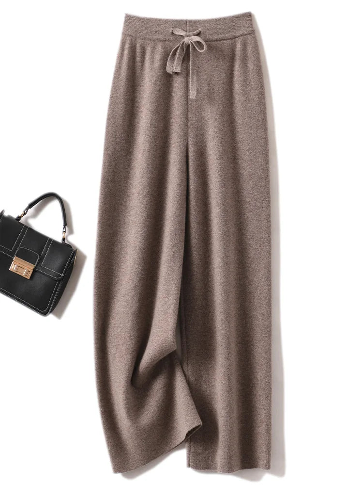 Calças Femininas Outono Inverno Básicas Macias Casuais com Faixas Calças de Malha de Lã Merino 100% Coreanas Populares - Gaoya Camel M
