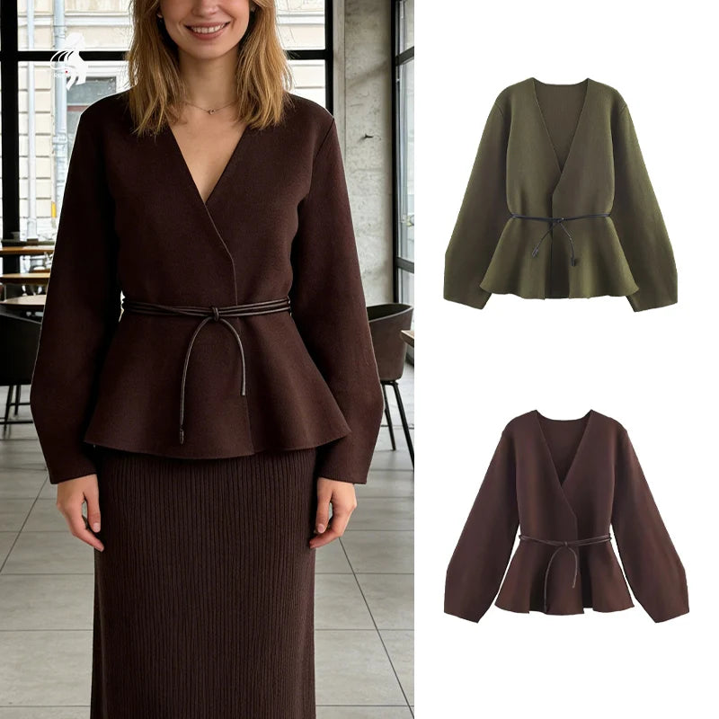 Roupas Femininas Blusas Cardigã de Tricô Elegante com Gola V e Amarração na Cintura e Bainha Larga Para Mulheres Top de Trabalho Outono e Inverno