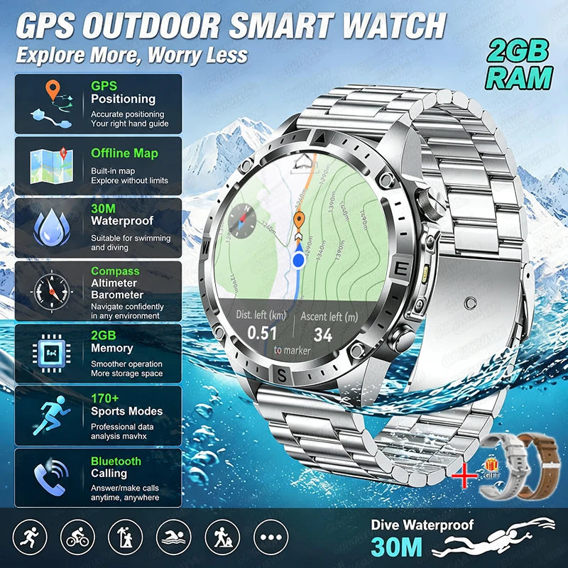 2026 Mapa Offline Novo Smartwatch 3ATM à Prova D'água GPS Navegação Bússola Altímetro Lanterna Masculino 170+ Esportes Pulseira Masculino Feminino