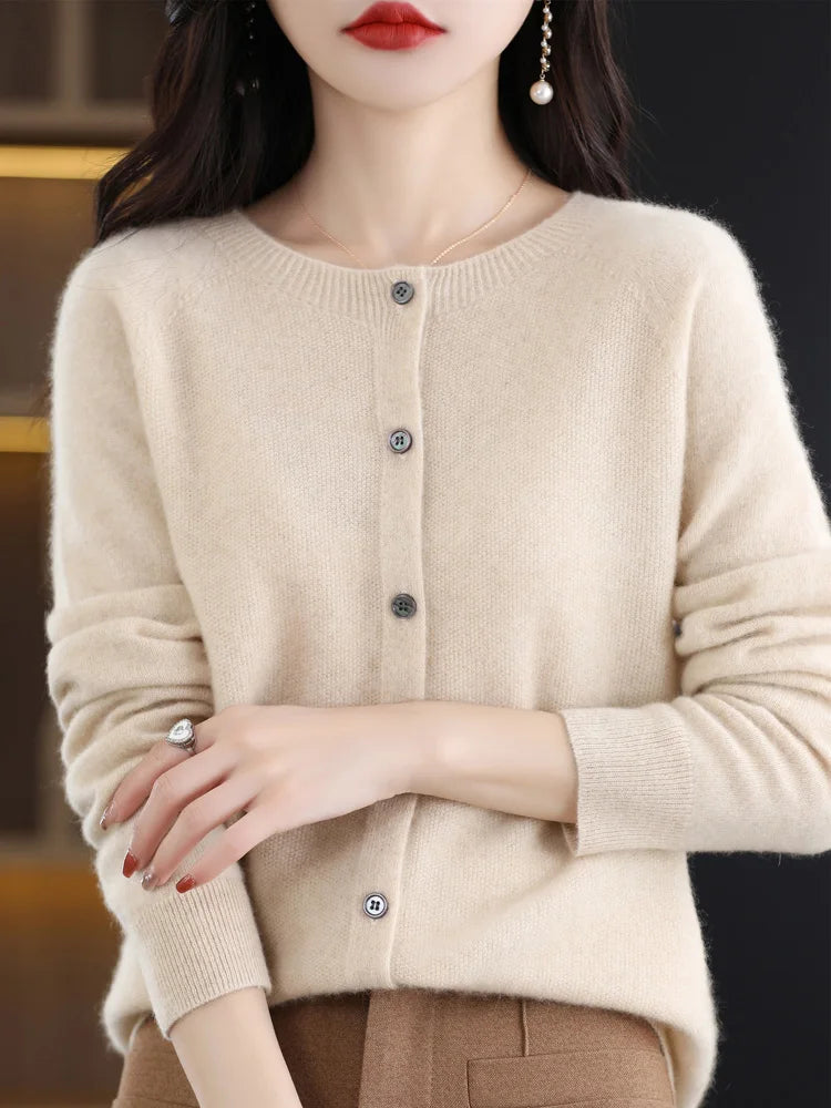 Suéter de cashmere feminino 100 lã merino cardigã de malha Outono Inverno O Pescoço Cor Sólida Casual Fashion Top 1 - Azul Changchunhua L