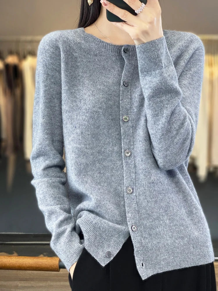 Suéteres Femininos de Manga Longa 100% Lã Merino Primavera Outono Gola O Tricô Blusas Roupas Moda Básica - AZUL CÉU M