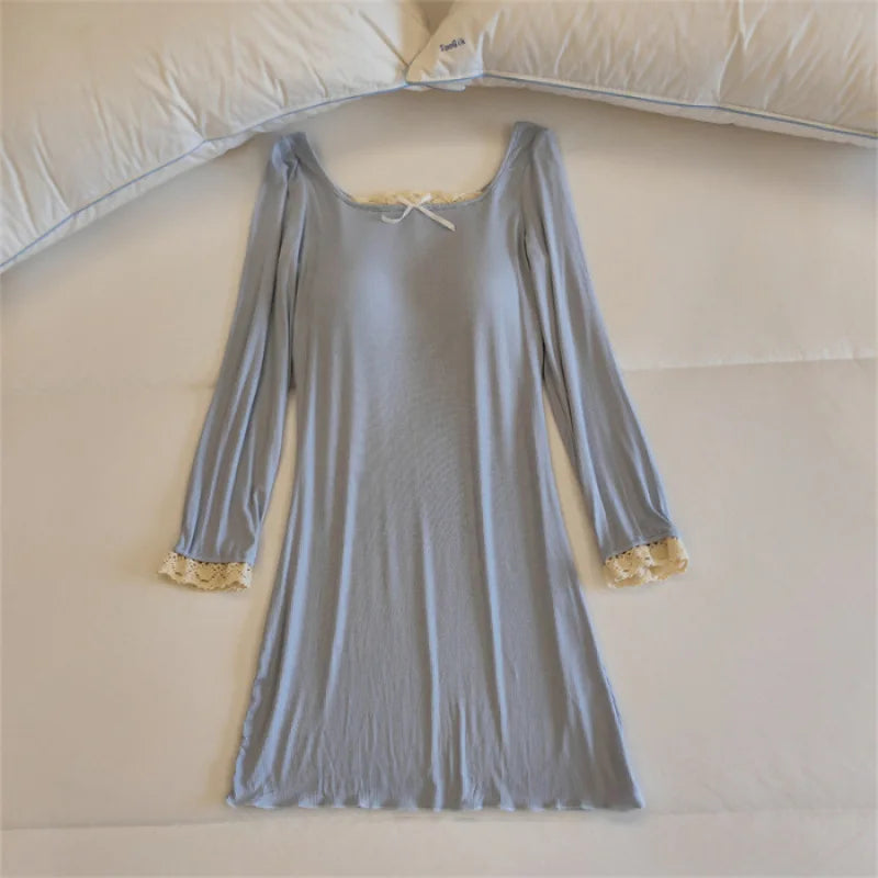 Pijama Feminino Vestido para Descansar com Bojo Camisola Manga Longa Outono Inverno Roupa de Dormir Modal Macio Camisola Feminina
