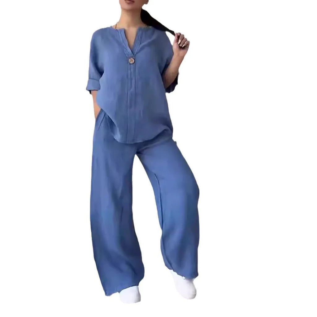 Conjunto de Linho e Algodão 2 Peças Blusa de Manga Comprida Solta com Botão e Calça Pantalona Larga de Cintura Alta Elástica NMD-3021