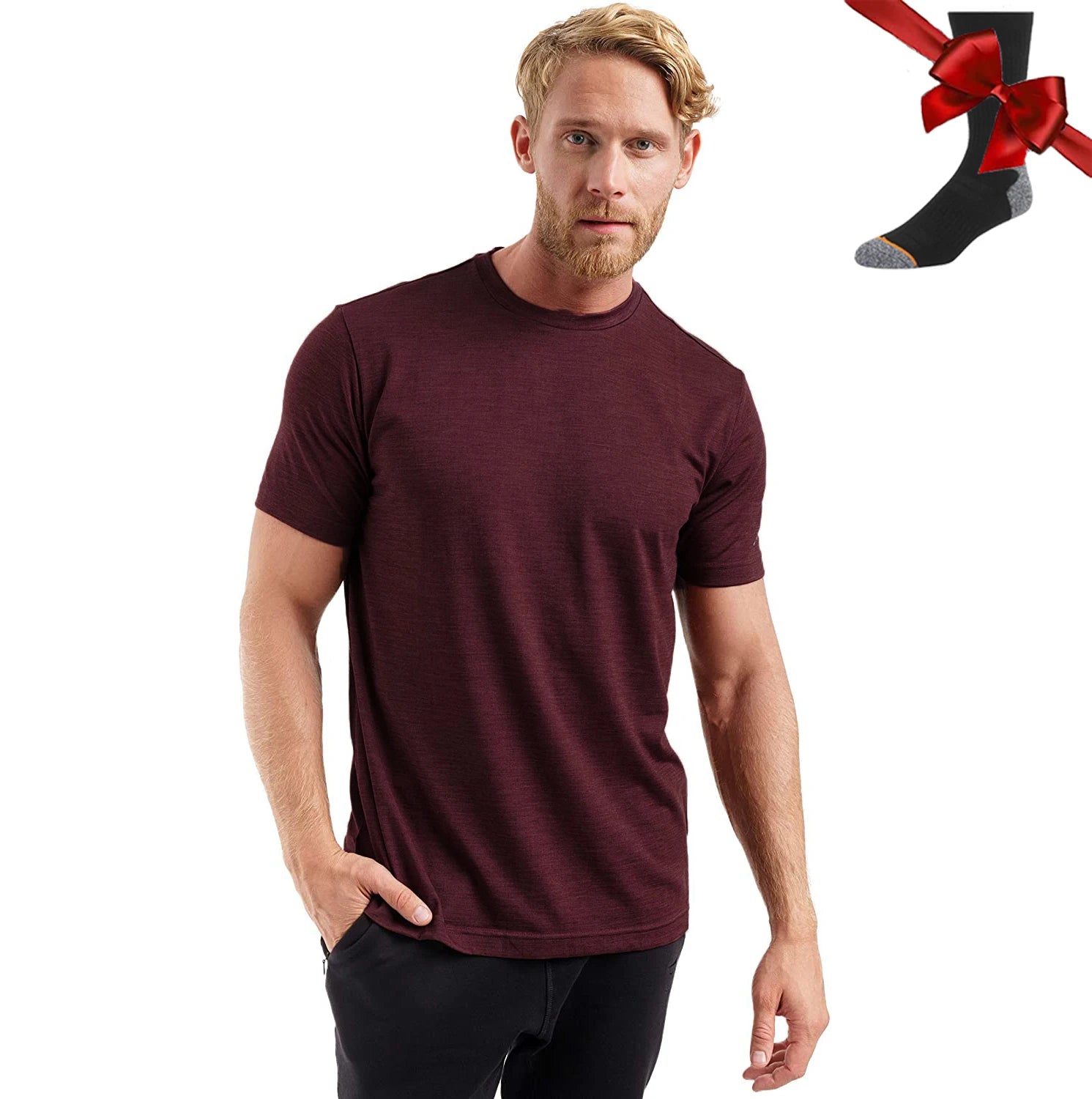 Camiseta Masculina 100% Lã Merino Super Fina Camada Base de Lã Merino que Absorve a Umidade Respirável de Secagem Rápida Antiodor + Meias de Lã Merino