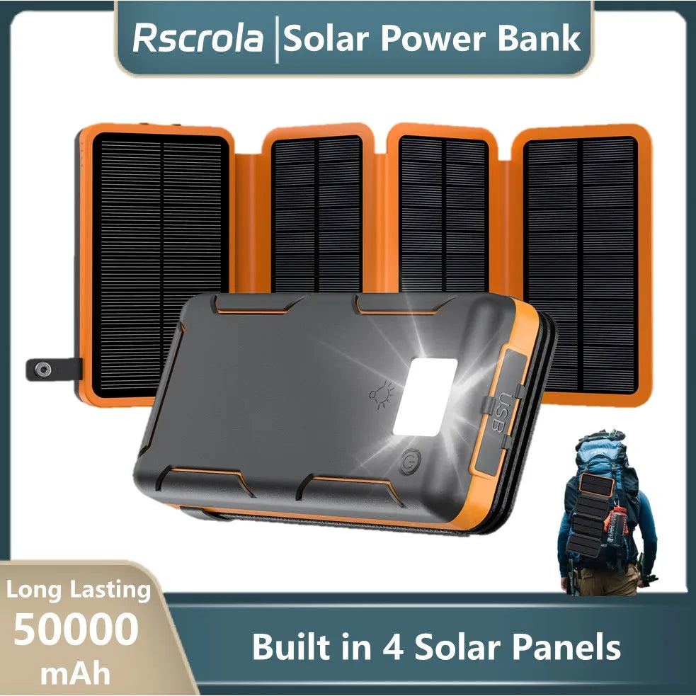 Power Bank Solar Dobrável 50000mAh Portátil 4 Painéis Solares