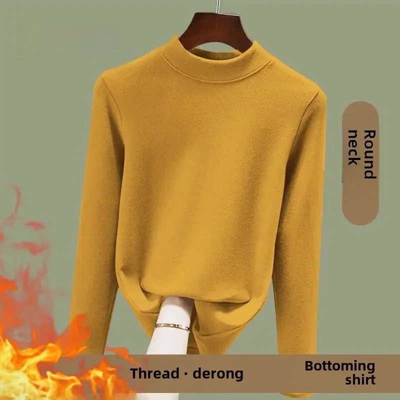 Warm Long Sleeve Crew Neck T Shirt Fashionable Spring Commute Thermal Base Layer Shirt Single Dual Threaded Velvet Polyester Fib - L ([recommended 50.00 kg-57.50 kg]) Elegant green [A046 single piece]]