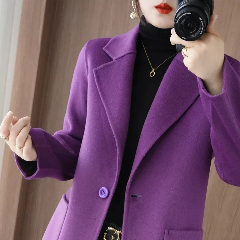 Jaqueta Feminina Casaco De Lã Cashmere Dupla Face 100% Pura Lã Outono Inverno Novo Casaco Corta-Vento De Lã Slim De Um Botão De Comprimento Médio