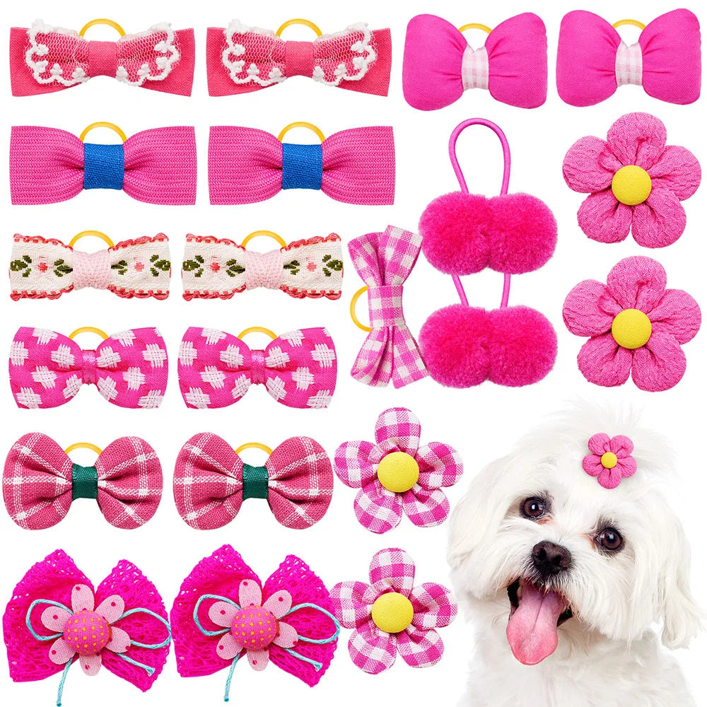 10/20 Peças Lacinhos para Filhotes com Elásticos Cor Doce Acessórios de Cabelo para Cães Feitos à Mão Acessórios de Cuidado para Cães