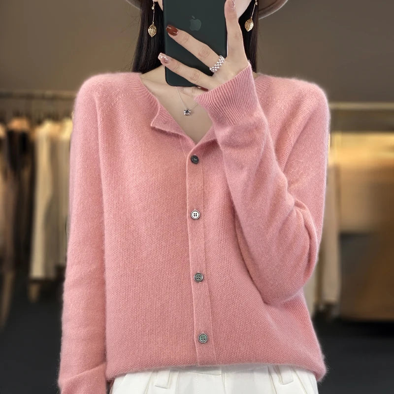 Cardigã Feminino de Lã Merino 100% Cashmere, Suéter para Outono Inverno, Gola Redonda, Manga Longa, Malha Feminina, Roupas Básicas, Blusas - Shumei XXL