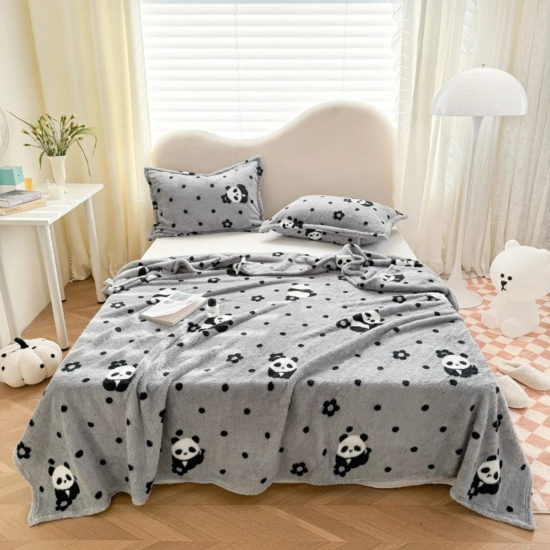 Cuddly Panda Printed Flannel Blanket - Super Soft and Warm, Adorable Home Décor Plush, Perfect for Playful Snuggles