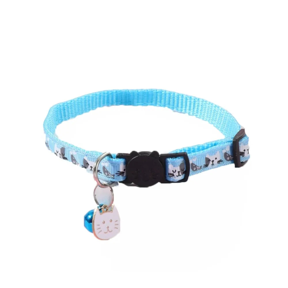 Coleira Ajustável para Gato com Fivela de Segurança de Liberação Rápida Antiasfixia para Filhotes, com Pingente de Rosto de Gato, Sino e Estampa de Gato