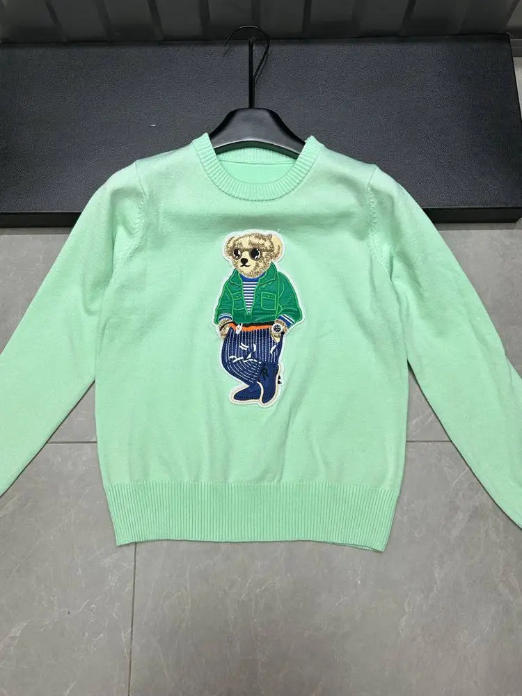 Camisola Suéter Tricotada Urso Bordado Luxo Francês de Rua Para Mulheres Moda Casual Tricô Blusas Pull Femme