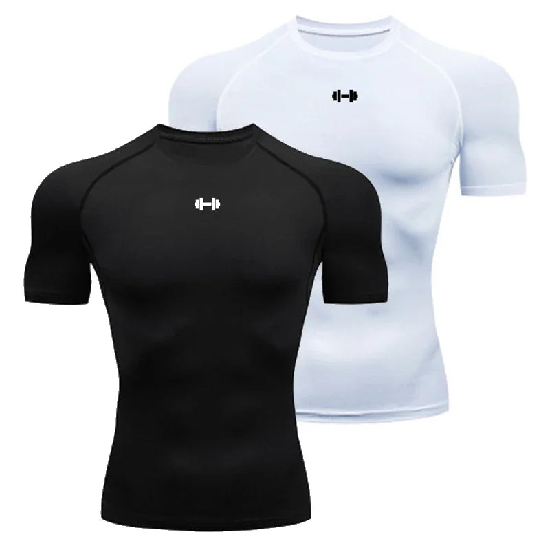 Camiseta de compressão masculina de verão, roupa esportiva, camiseta de corrida elástica de secagem rápida, top esportivo, camiseta para exercícios de academia com halteres