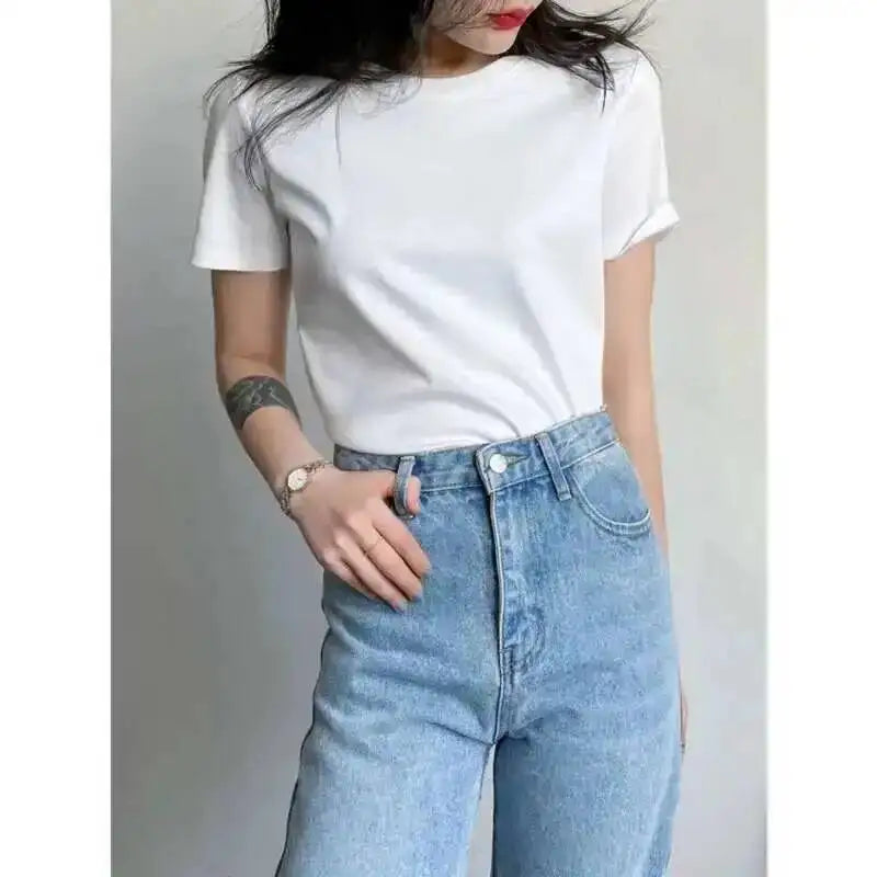 Summer 6 Mulberry Silk Cotton T Shirts Women Loose Round Neck Short Sleeve Luxury Tee Solid Color Basic Tops - v Collar Black M