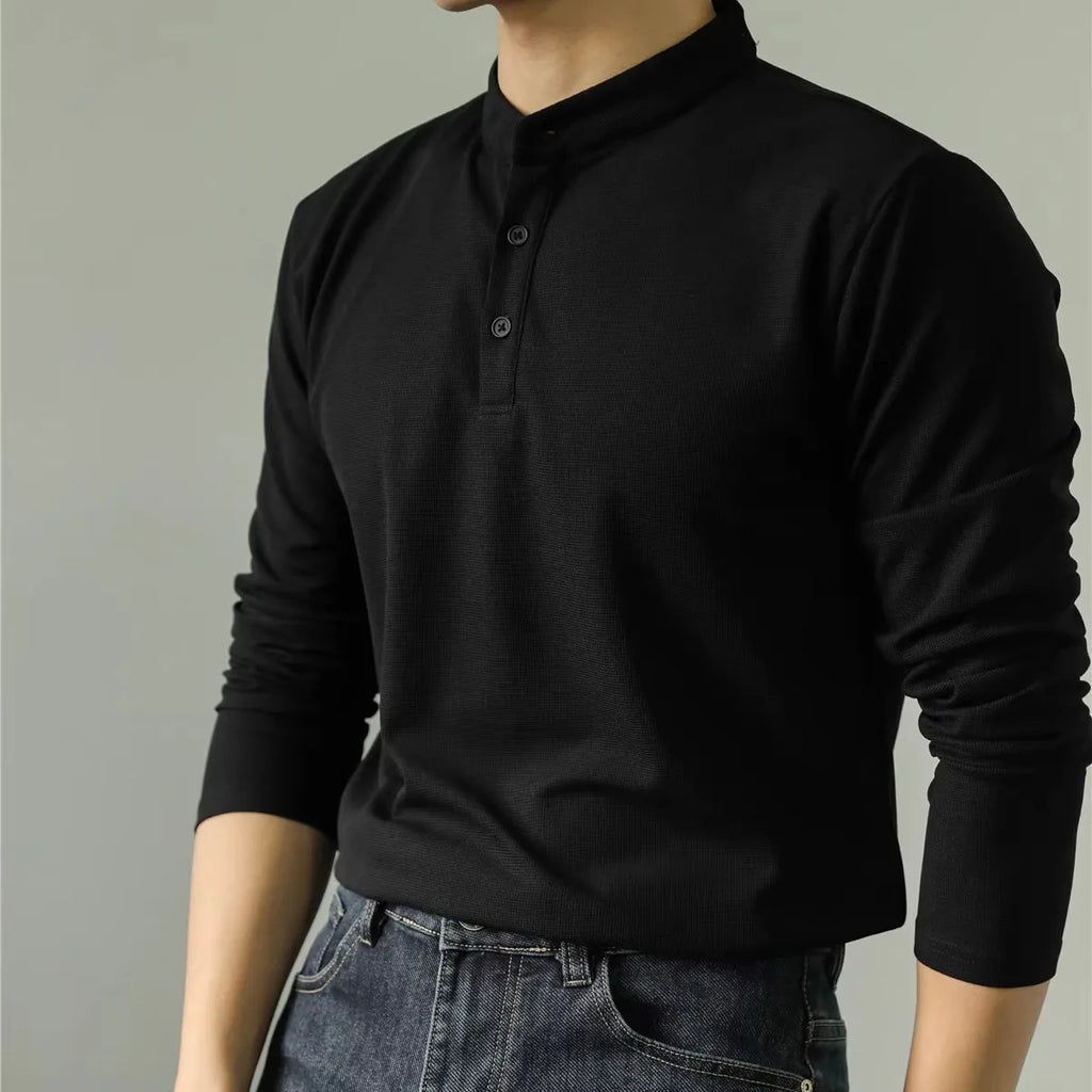 Polo Masculina de Luxo Manga Longa Gola Padre Lisa com Abertura Henley Casual Executiva.M-4XL