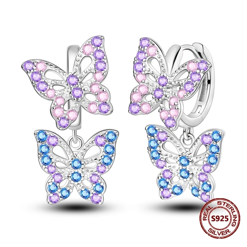 Lucky Clover Earrings 925 Silver Original Zircon Butterfly Dragonfly Chameleons Bee Flower Earrings For Women Jewelry Gift