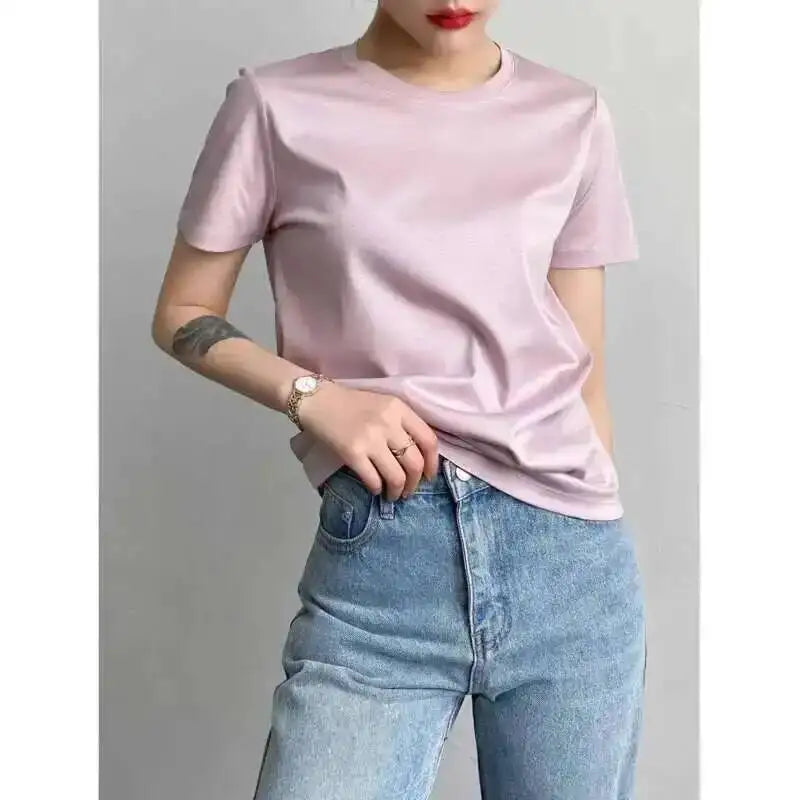 Summer 6 Mulberry Silk Cotton T Shirts Women Loose Round Neck Short Sleeve Luxury Tee Solid Color Basic Tops - v Collar Black M