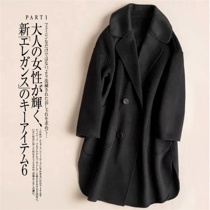 Inverno Coreano Feito à Mão Duplo Abotoamento Longo Casaco Feminino 100% Lã Casual Solto Cinto de Amarrar Sobretudo de Lã Oversized
