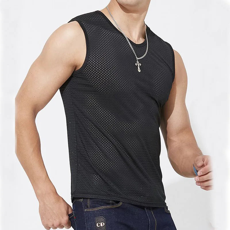 Regatas Masculinas em Malha de Seda Gelada, Regata de Academia Transparente para Musculação, Camiseta Sem Mangas, Colete Fitness Masculino, Regatas de Musculação em Malha