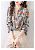 Camisa xadrez feminina primavera e outono nova camisa de algodão puro da moda retrô usada com um estrangeiro