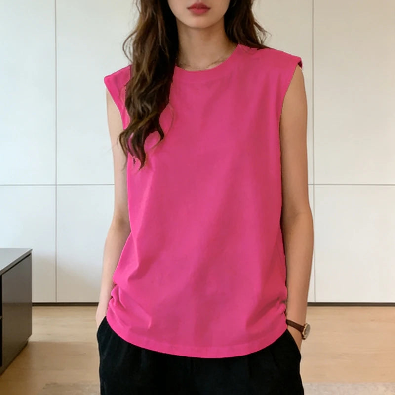 Woman Loose Sleeveless Tank Top Summer Casual Vest Basic Daily T Shirt Sweet Style Suitable For Students Stretchy Soft Lady Wear - black M
