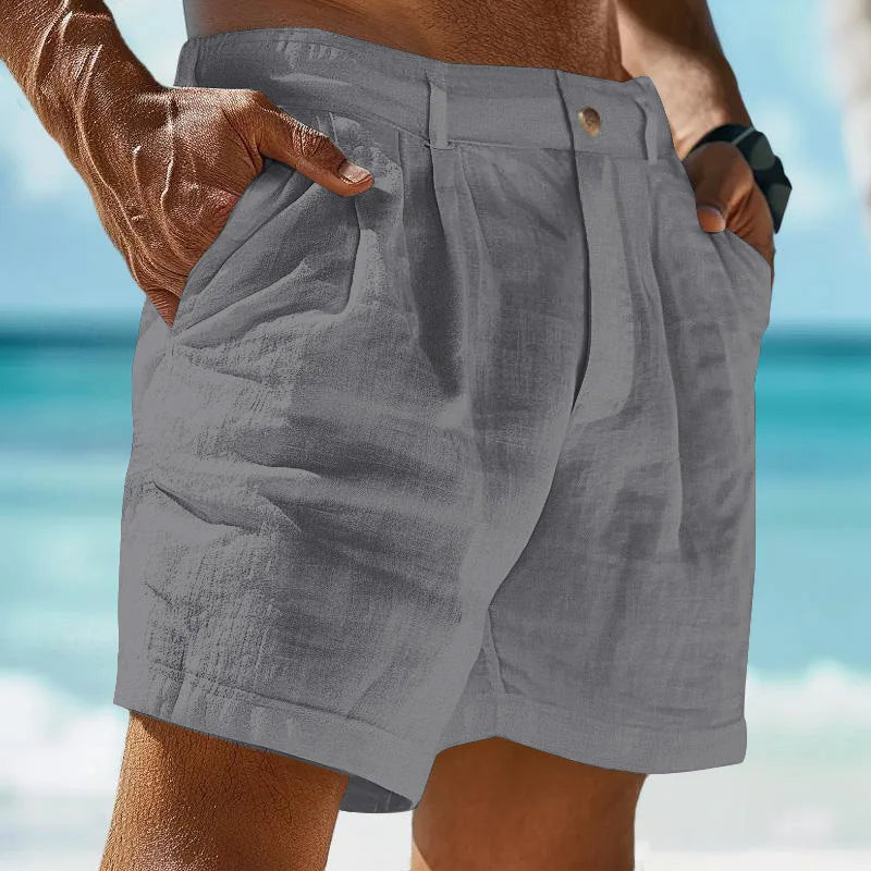 Bermuda Masculina Algodão e Linho 2026 de Verão, Cor Sólida, Casual, Botão, Bolso, Praia, Confortável, Simples, Férias, Lazer