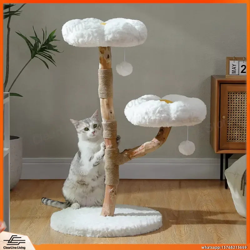 Torre de Árvore para Gatos em Madeira Maciça com Apartamento Espaçoso, Poleiros Florais, Pompons, Postes de Arranhar e Cama Aconchegante para Gatos e Gatinhos Internos