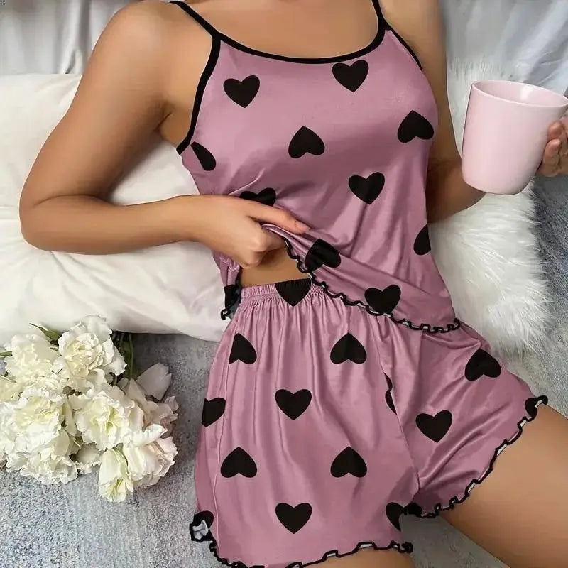 Conjunto de Pijama Feminino de Verão 2 Peças Loungewear Sexy Casual, com Top Curto de Alcinha e Shorts, Traje de Dormir e para Ficar em Casa