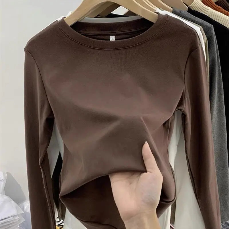 Camiseta Gola Redonda Feminina Outono Inverno 2026 Novo Estilo Cor Pura Ajuste Slim Interior Em Fleece Grosso Manga Longa - S 501 temperamento cinza escuro