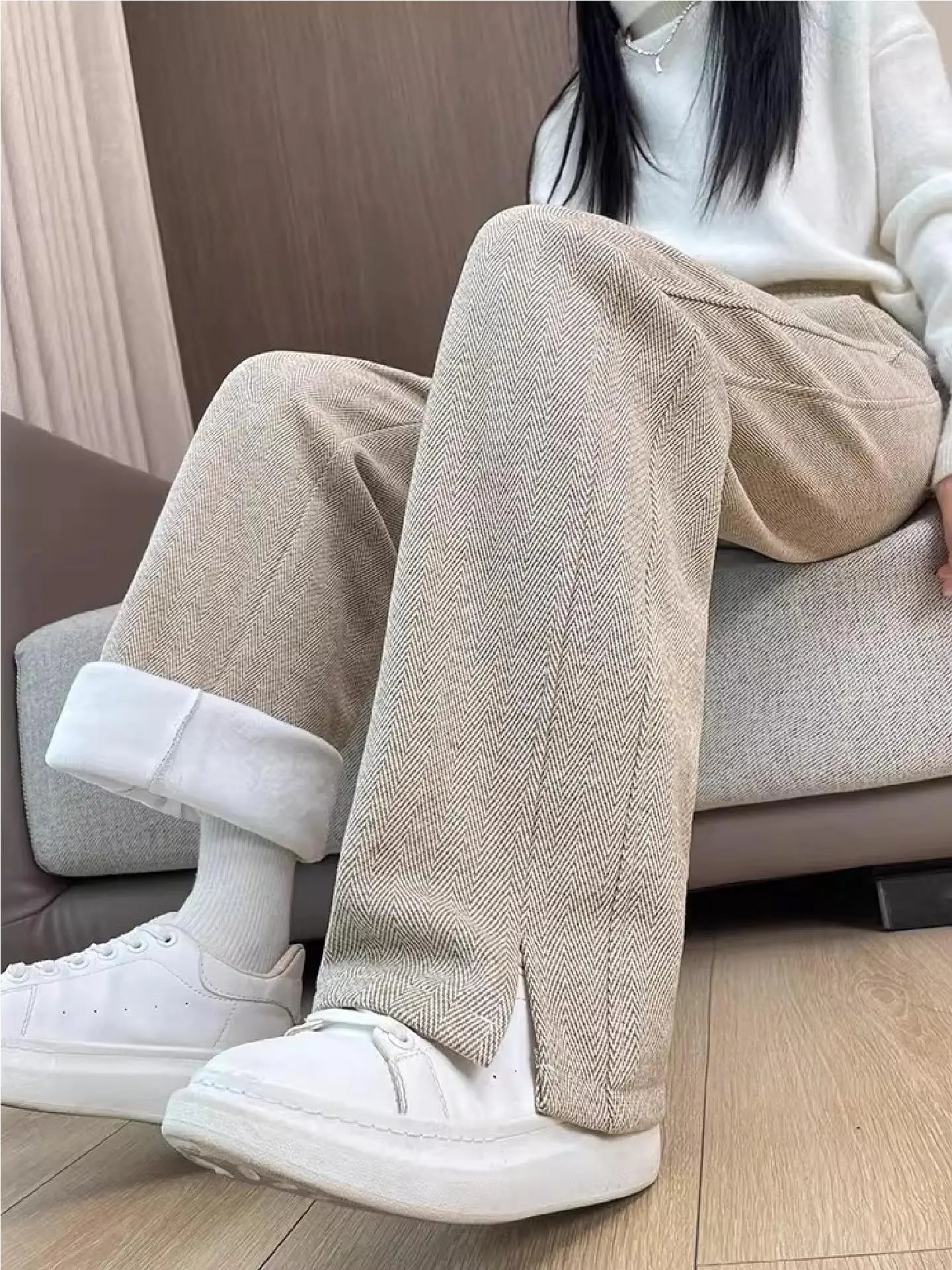 Calça Feminina de Lã Grossa Reta de Cintura Alta Perna Larga Outono Inverno Casual com Bolsos de Algodão Misturado