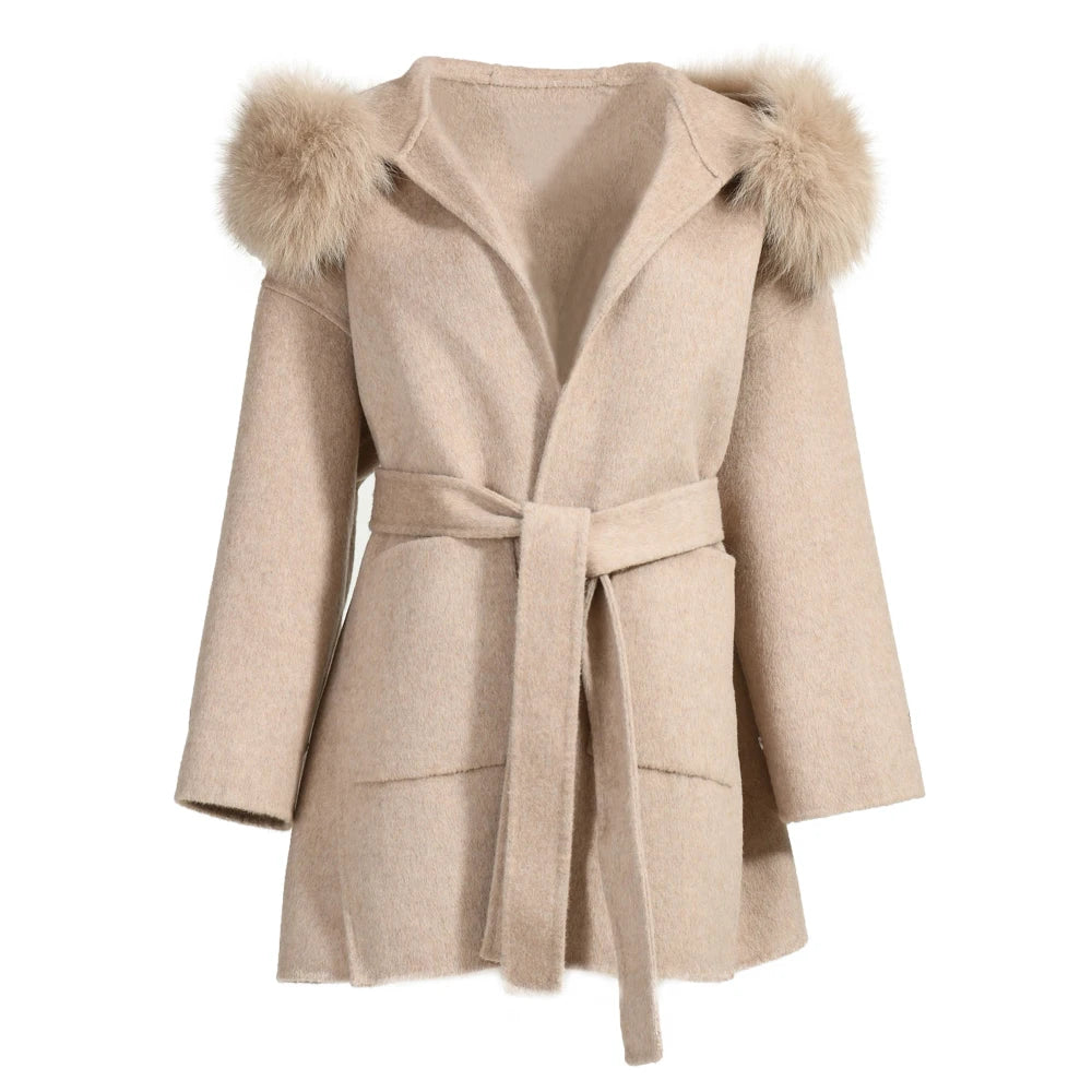 Jxwatcher Casaco de Lã e Misturas de Moda, Comprimento Médio, Jaqueta de Cashmere com Capuz, Gola e Punhos de Pele de Raposa 100% Real, Casaco de Inverno para Mulheres