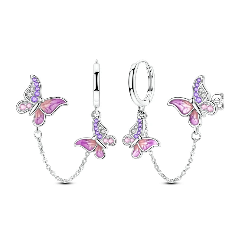 Lucky Clover Earrings 925 Silver Original Zircon Butterfly Dragonfly Chameleons Bee Flower Earrings For Women Jewelry Gift