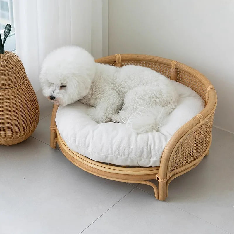 Cama de Rattan Natural para Pet Estilo Boho Moderno com Almofada, Ninho Redondo Pequeno para Pet em Rattan Teddy Fresco de Verão, Acessórios de Fotografia para Camas de Fotografia