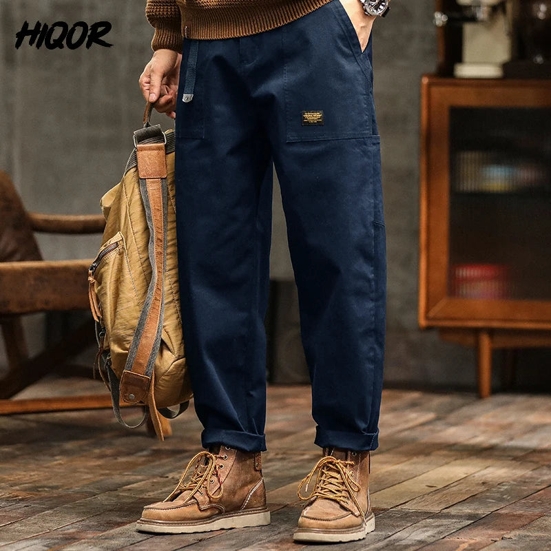 Hiqor Mens Clothing Spring Autumn Cargo Pants Man Cotton Casual Loose Trouser Belt Mid Waist Joggers Male Straight Baggy Pants