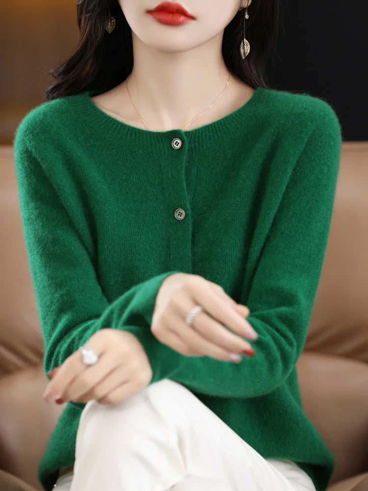2024 Novo Cardigan Básico Chique Feminino Gola Redonda Suéter de Lã Merino Macio Roupa de Malha Elegante Casaco Primavera Outono Roupas Femininas Tops - Vermelho Shumei XXL