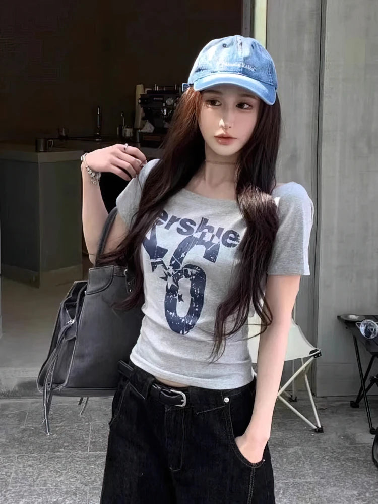 Y2K Esporte Verão Top Ombro a Ombro Feminino Sexy Vintage Anos 2000 Camiseta Manga Curta Feminina Blusa Básica Cropped Feminina Casual - Azul Marinho P