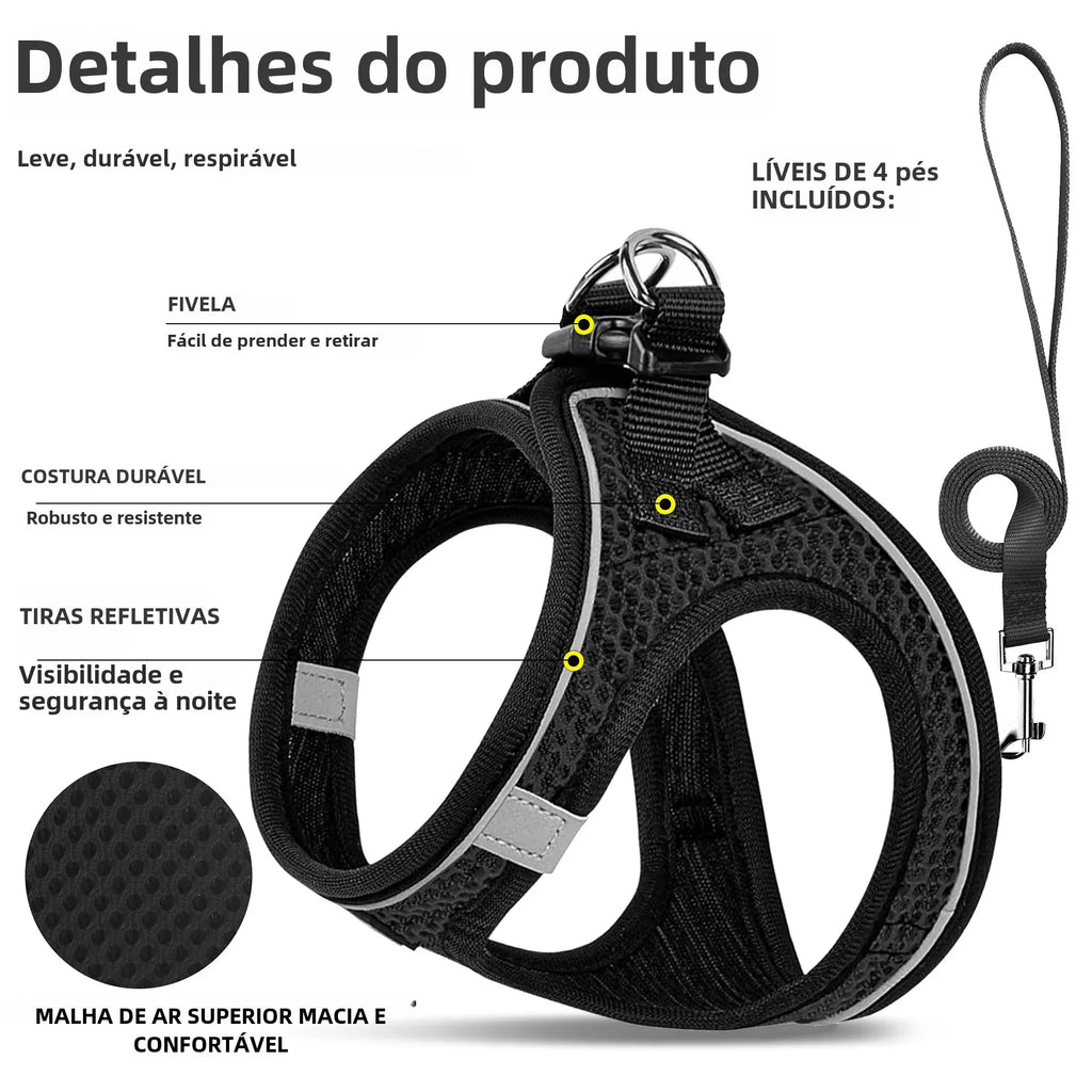 Colete Peitoral Ajustável com Guia para Cães e Gatos Arnês Malha de Poliéster Respirável Refletivo para Acessórios de Cães Pequenos e Gatos