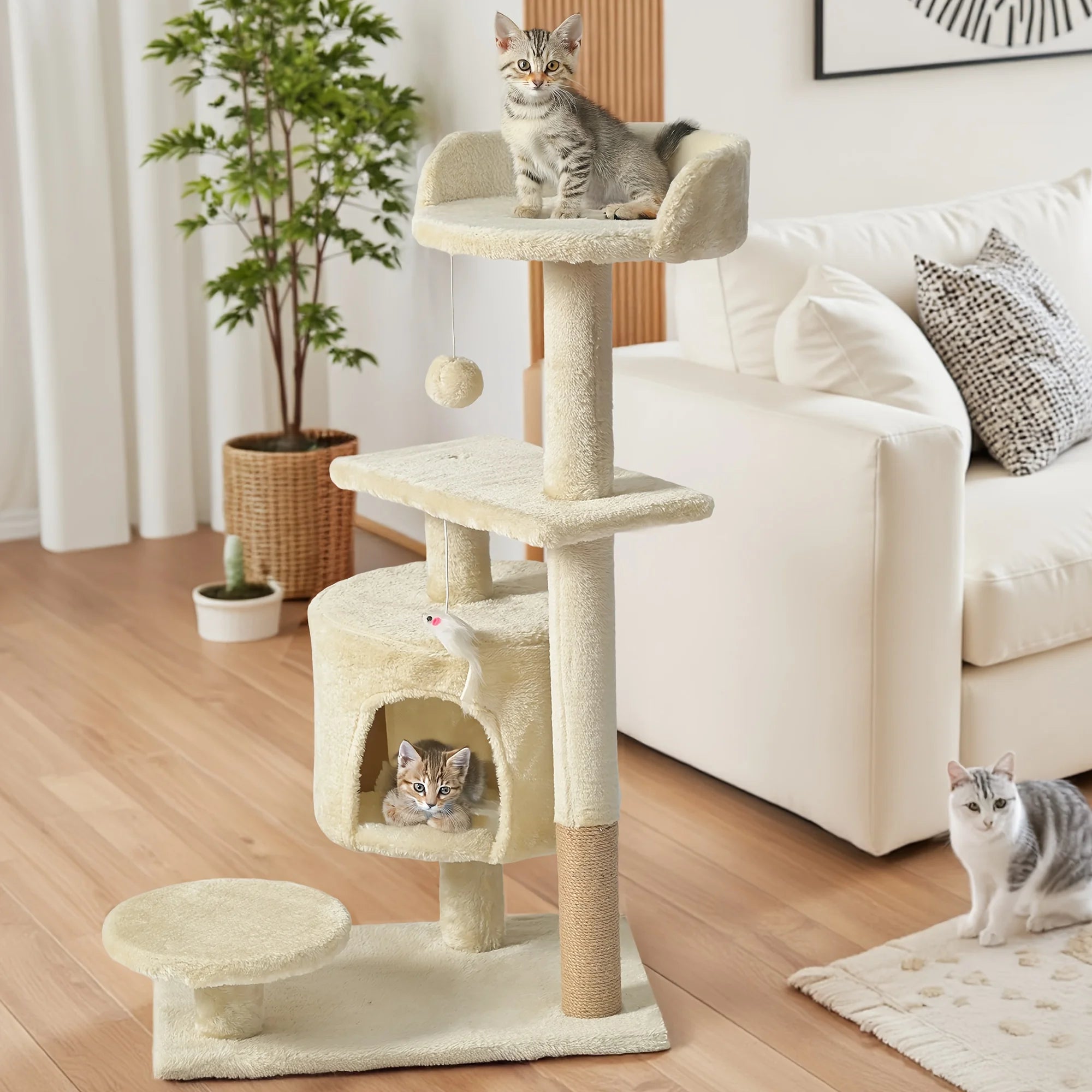 Large Multi-Tier Cat Tree with Cozy Beds Cat House Sisal Wrapped Scratching Post and Teaser Wand for Indoor Cats Small Medium