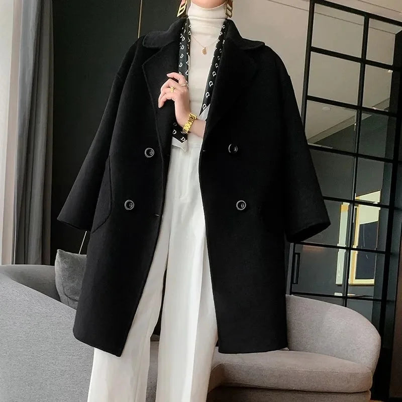 Inverno Coreano Feito à Mão Duplo Abotoamento Longo Casaco Feminino 100% Lã Casual Solto Cinto de Amarrar Sobretudo de Lã Oversized