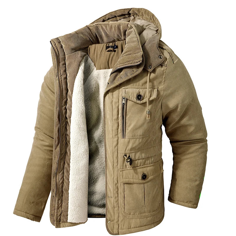Parkas Masculinas Grossas Jaqueta Quente de Inverno Casaco de Lã com Cashmere Militar ao Ar Livre Acolchoado de Algodão Quebra-Vento Masculino Agasalho com Capuz