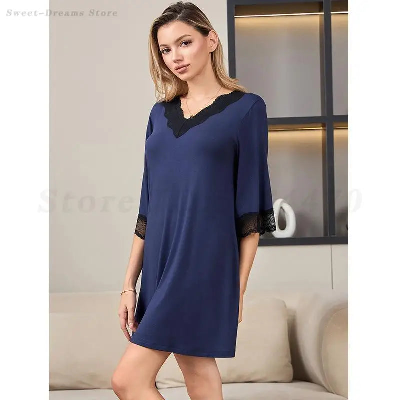 Pijama Feminino Sexy de Renda com Decote V Camisola de Algodão Modal Roupa de Casa Solta Casual Meia Manga Camisola Lingerie Íntima Roupa de Dormir