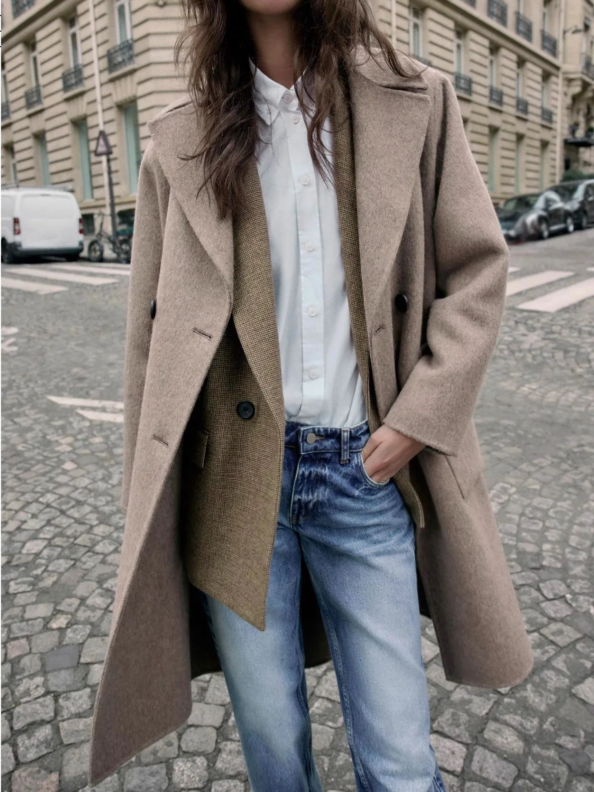 Fashionable Double-Breasted Long Woolen Coat Deep Coffee Color Double-Faced Large Collar Women's Premium Quality Outerwear