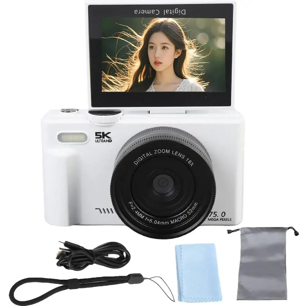 75MP Digital Camera 5K 18X Zoom 180° Flip Screen WiFi Vlog