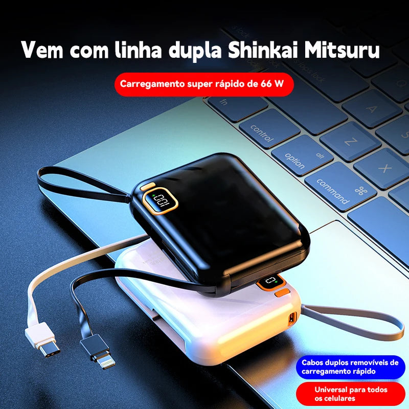 Power Bank Compacto Carregador Rápido 12000mAh Cabo Integrado Viagem