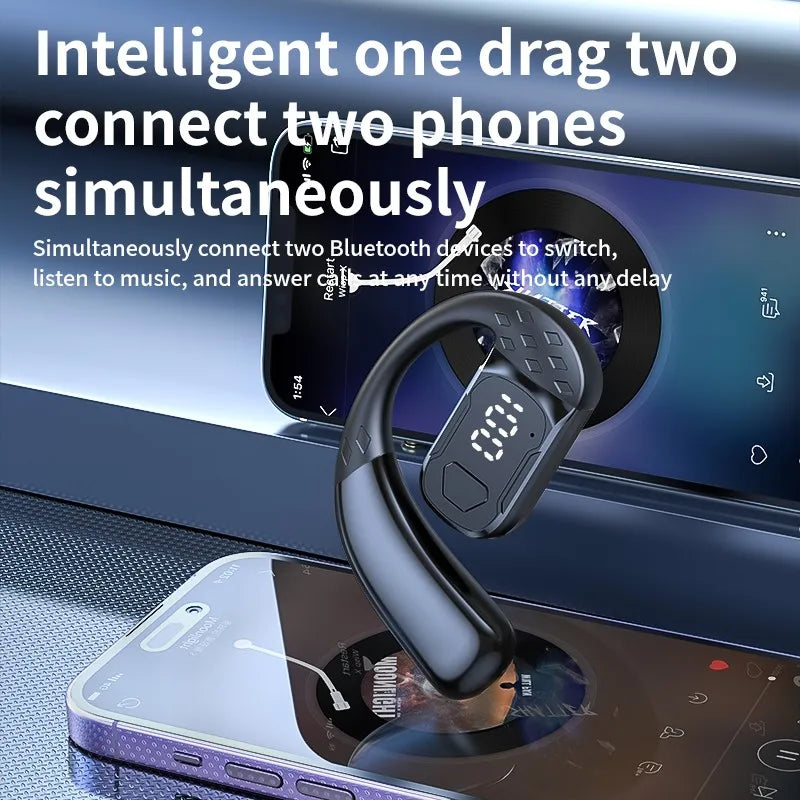 Fone de Ouvido Sem Fio Rotação 180° Ajustável Esquerdo Direito Aberto Bluetooth 5.4 Orelha Universal Microfone Esporte Negócios Música Gancho de Orelha