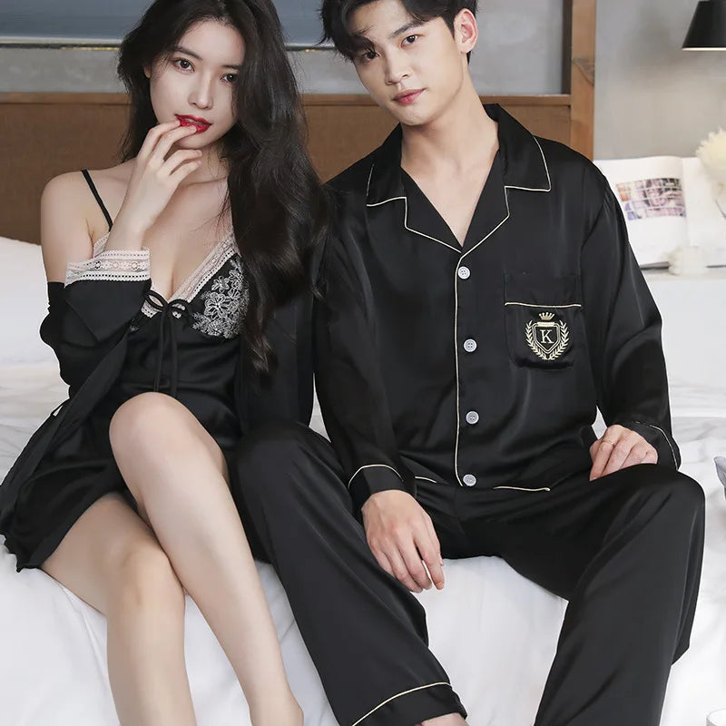 Pijama Masculino e Feminino em Seda Gelo para Casal - Pijama Masculino com Camisa e Calça, Nightdress Feminino de Renda com Robe