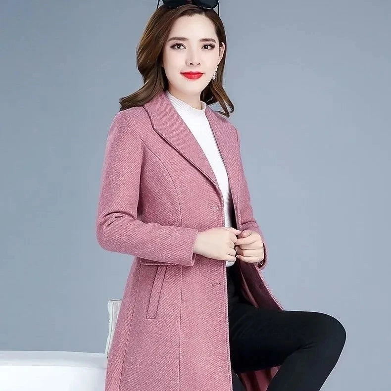 2025 Outono Inverno Novo Casaco Feminino De Lã Médio Longo Fino De Lã De Abotoamento Simples Moderno Casaco Feminino Grosso Casual - Forro rosa G