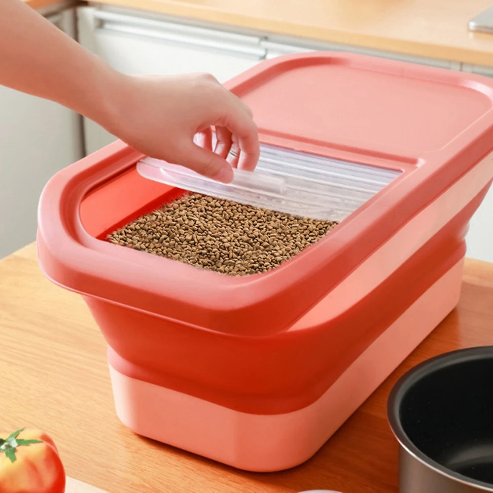 Recipiente Dobrável para Ração de Cães e Gatos de 6/15 Litros, Caixa para Ração Seca de Gatos com Tampas, Recipientes Herméticos para Armazenamento de Grãos e Arroz de Cozinha